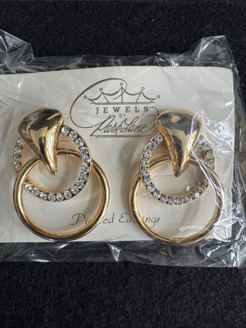 VTG Park Lane 80s Gold Door Knocker Rhinestone Hoop Earrings NOS NIP